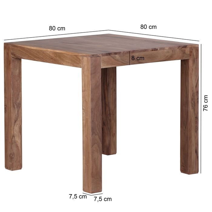 Esstisch quadratisch Massiv 80 x 80 cm Akazie Küchentisch Esszimmer Tisch – Maßzeichnung