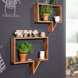 FB40168 FineBuy 2er Set Wandregale Massiv-Holz Sheesham Holz-Regal Landhaus-Stil Hängeregal Echt-Holz Design Wand-Board Natur-Produkt Wandkonsole dunkel-braun unbehandelt Regale zum Aufhängen Unikat Ablage