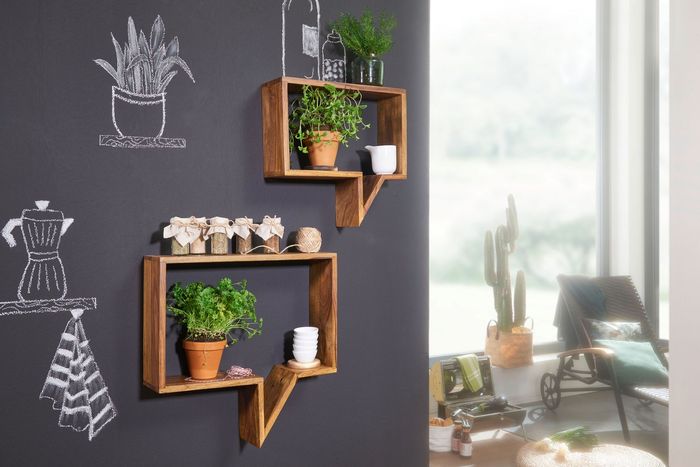 FineBuy 2er Set Wandregale Massiv-Holz Sheesham Holz-Regal Landhaus-Stil Hängeregal Echt-Holz Design Wand-Board Natur-Produkt Wandkonsole dunkel-braun unbehandelt Regale zum Aufhängen Unikat Ablage