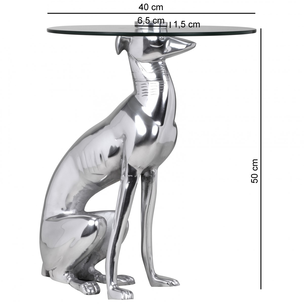 FineBuy Design Beistelltisch Ø40cm Runder Couchtisch Hund 50 cm Hoch Aluminium Tierfigur Ausgefallener Wohnzimmertisch Silber Deko Tisch | Farbe: Silber