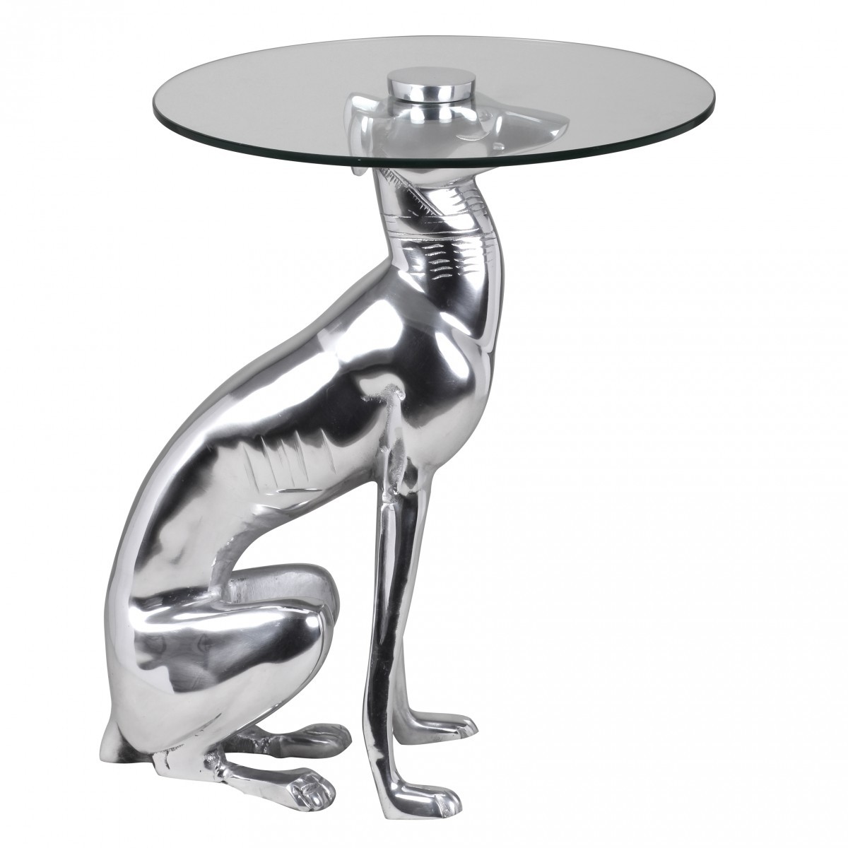 FineBuy Design Beistelltisch Ø40cm Runder Couchtisch Hund 50 cm Hoch Aluminium Tierfigur Ausgefallener Wohnzimmertisch Silber Deko Tisch | Farbe: Silber