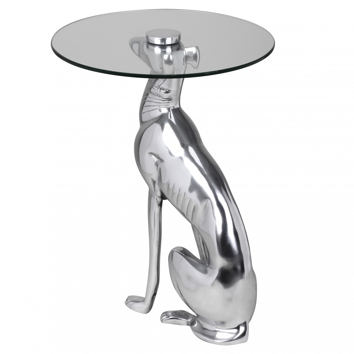 FineBuy Design Beistelltisch Ø40cm Runder Couchtisch Hund 50 cm Hoch Aluminium Tierfigur Ausgefallener Wohnzimmertisch Silber Deko Tisch | Farbe: Silber