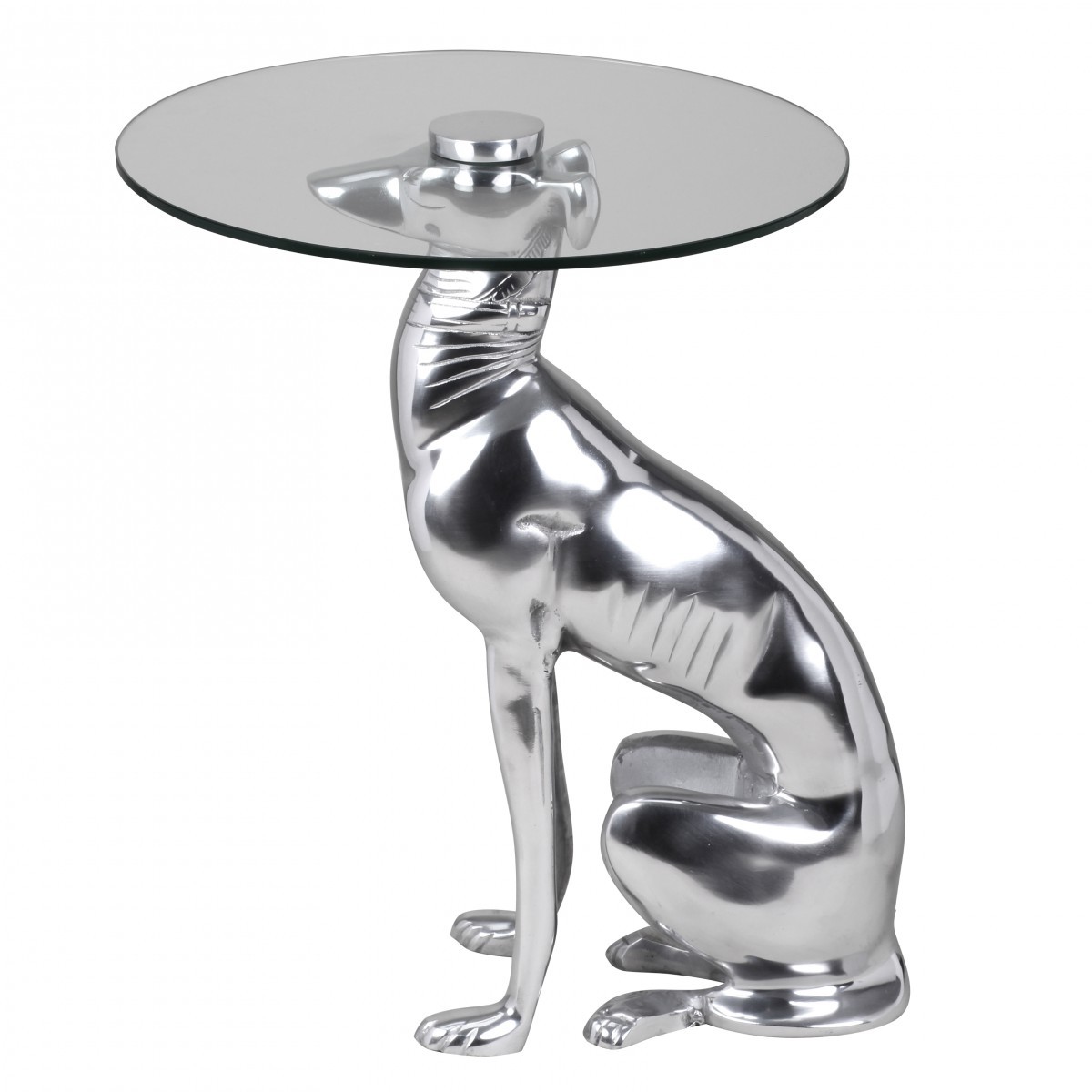 FineBuy Design Beistelltisch Ø40cm Runder Couchtisch Hund 50 cm Hoch Aluminium Tierfigur Ausgefallener Wohnzimmertisch Silber Deko Tisch | Farbe: Silber