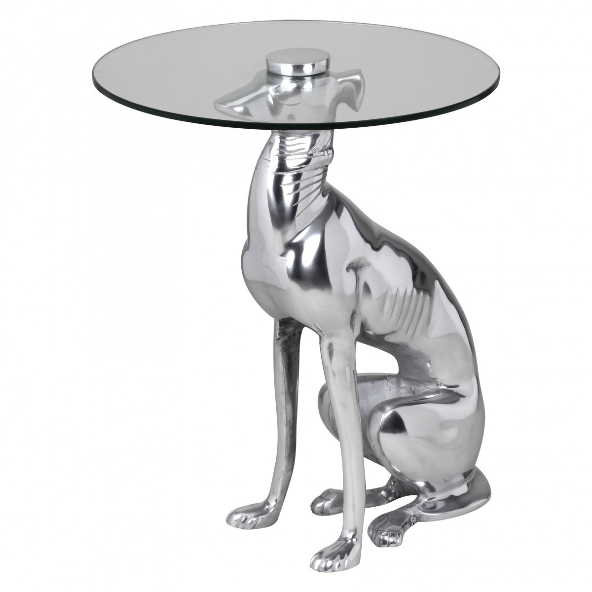 FineBuy Design Beistelltisch Ø40cm Runder Couchtisch Hund 50 cm Hoch Aluminium Tierfigur Ausgefallener Wohnzimmertisch Silber Deko Tisch | Farbe: Silber