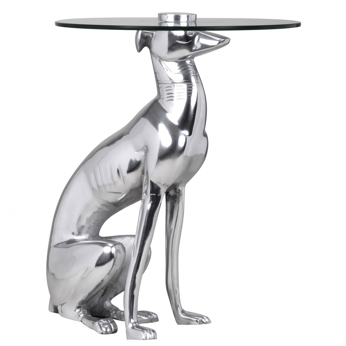 FineBuy Design Beistelltisch Ø40cm Runder Couchtisch Hund 50 cm Hoch Aluminium Tierfigur Ausgefallener Wohnzimmertisch Silber Deko Tisch | Farbe: Silber