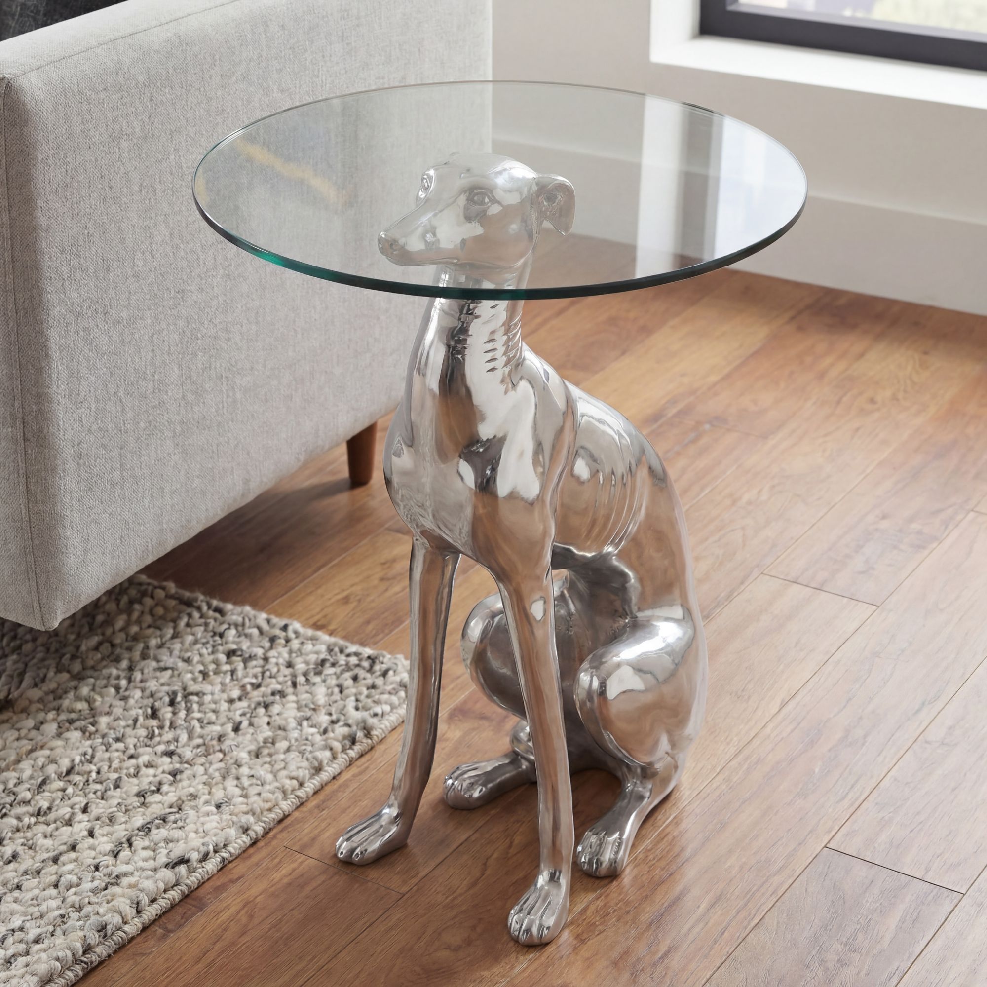 FineBuy Design Skulptur Deko Beistelltisch Hund aus Aluminium Farbe Silber – Ansicht 1