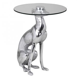 FineBuy Design Beistelltisch Ø40cm Runder Couchtisch Hund 50 cm Hoch Aluminium Tierfigur Ausgefallener Wohnzimmertisch Silber Deko Tisch