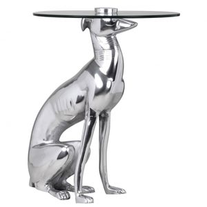 FineBuy Design Beistelltisch Ø40cm Runder Couchtisch Hund 50 cm Hoch Aluminium Tierfigur Ausgefallener Wohnzimmertisch Silber Deko Tisch 4250950234215