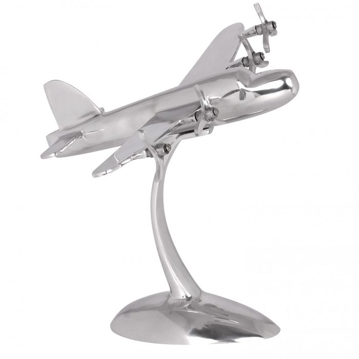 FineBuy Design Deko Propeller Flugzeug 42 x 30 x 30 cm Silbern aus Aluminium, Alu Flieger Geschenk-Idee Tisch-Dekoration mit Standfuß
