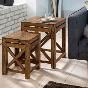 FB40459 FineBuy 2er Set Beistelltisch Massiv-Holz Sheesham Wohnzimmer-Tisch Design dunkel-braun Landhaus-Stil Couchtisch 4250950234604