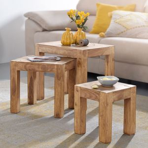 FB40484 FineBuy 3er Set Satztisch Massiv-Holz Akazie Wohnzimmer-Tisch Landhaus-Stil Beistelltisch dunkel-braun Naturholz 4250950234734
