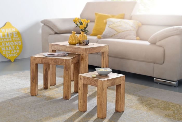 FineBuy 3er Set Satztisch Massiv-Holz Akazie Wohnzimmer-Tisch Landhaus-Stil Beistelltisch dunkel-braun Naturholz 4250950234734