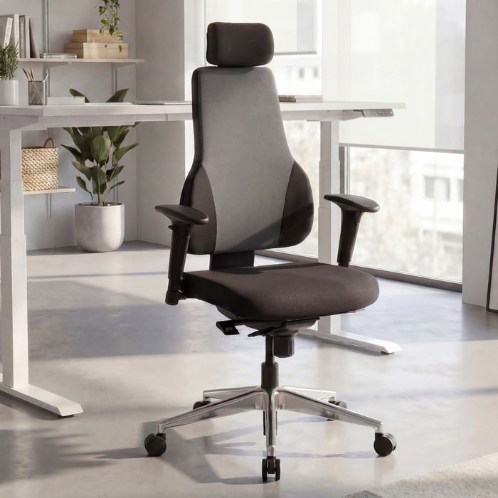 FB41697 FineBuy Bürostuhl QENTIN schwarz/grau Schreibtischstuhl Stoffbezug Chefsessel Drehstuhl Synchronmechanik Kopfstütze