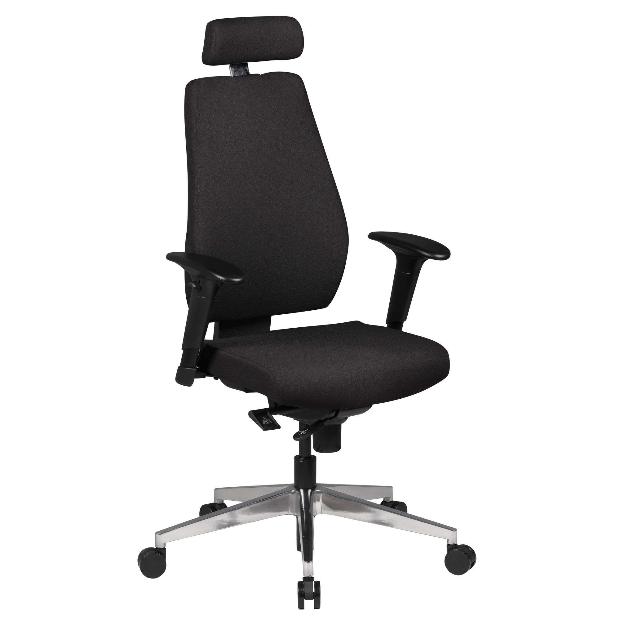 FineBuy Bürostuhl FB41700 Schreibtischstuhl Stoff Schwarz Chefsessel Modern, Drehstuhl mit Synchronmechanik, Arbeitsstuhl mit Kopfstütze 120kg, Bürosessel Höhenverstellbar Wippfunktion mit Armlehne