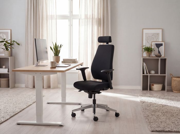 FineBuy Bürostuhl FB41700 Schreibtischstuhl Stoff Schwarz Chefsessel Modern, Drehstuhl mit Synchronmechanik, Arbeitsstuhl mit Kopfstütze 120kg, Bürosessel Höhenverstellbar Wippfunktion mit Armlehne