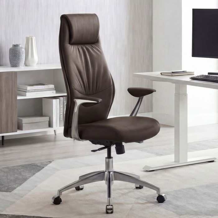 FineBuy Bürostuhl Echt-Leder Schreibtischstuhl 120KG Chefsessel mit Synchronmechanik Drehstuhl
