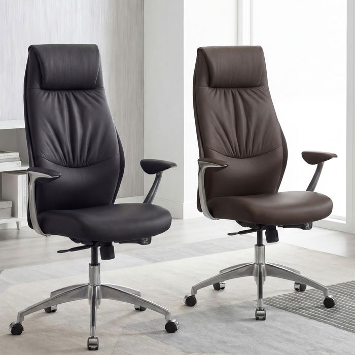 SV42047 FineBuy Bürostuhl Echt-Leder Schreibtischstuhl 120KG Chefsessel mit Synchronmechanik Drehstuhl
