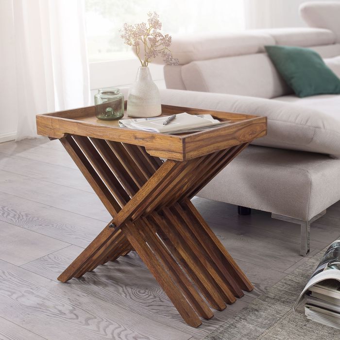 FineBuy Beistelltisch klappbar Massiv-Holz Couchtisch Klapptisch Serviertablett
