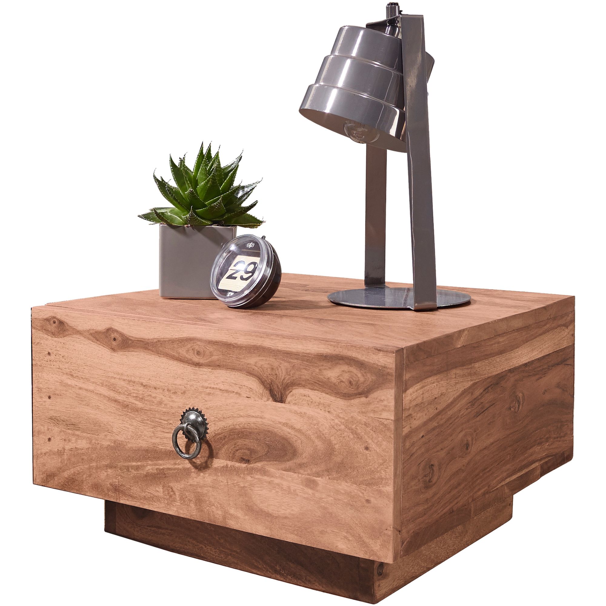 FineBuy Nachttisch Sheesham Massivholz niedrig – Handgefertigtes Nachtkästchen mit Schublade, Flaches Design Futon Nachtkonsole – 40x40x25 cm | Farbe: Braun
