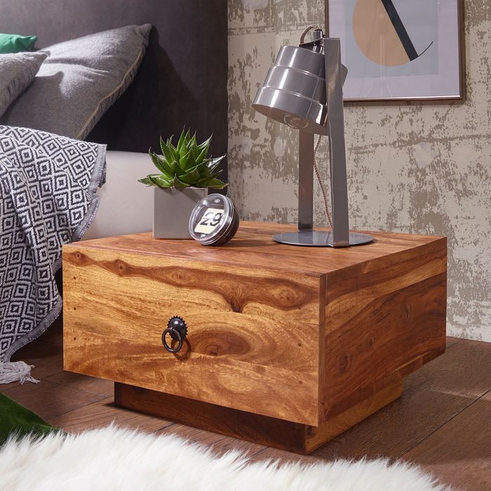 FineBuy Design Nachttisch Massiv-Holz 40x40x25 cm, Moderne Nacht-Kommode mit Schublade, Nachtschrank Natur-Holz Nachtkonsole 5802