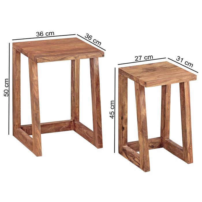 FineBuy 2er Set Beistelltisch Massivholz Wohnzimmer-Tisch Nachttisch Satztisch – Maßzeichnung