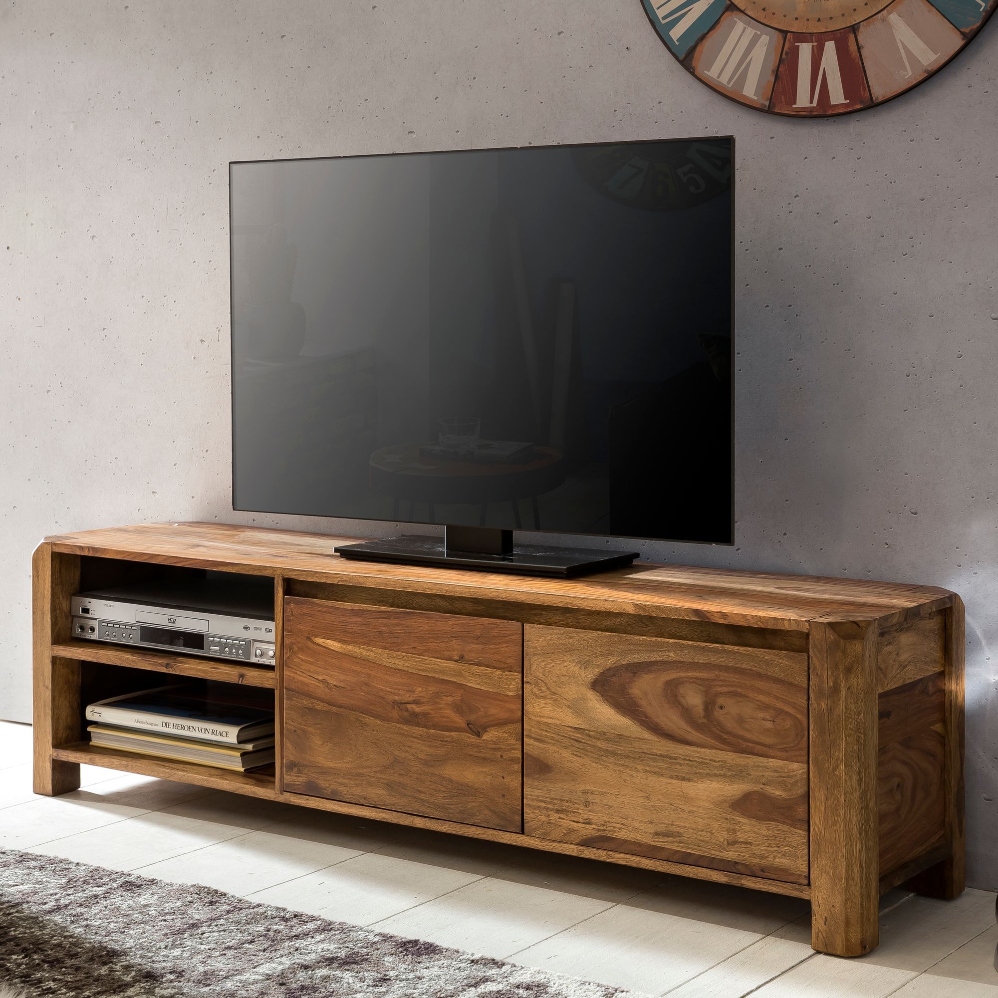 FineBuy Lowboard Massivholz Kommode 140 cm TV-Board Ablage-Fächer Landhaus-Stil Unterschrank 40 cm TV-Möbel | Farbe: Braun