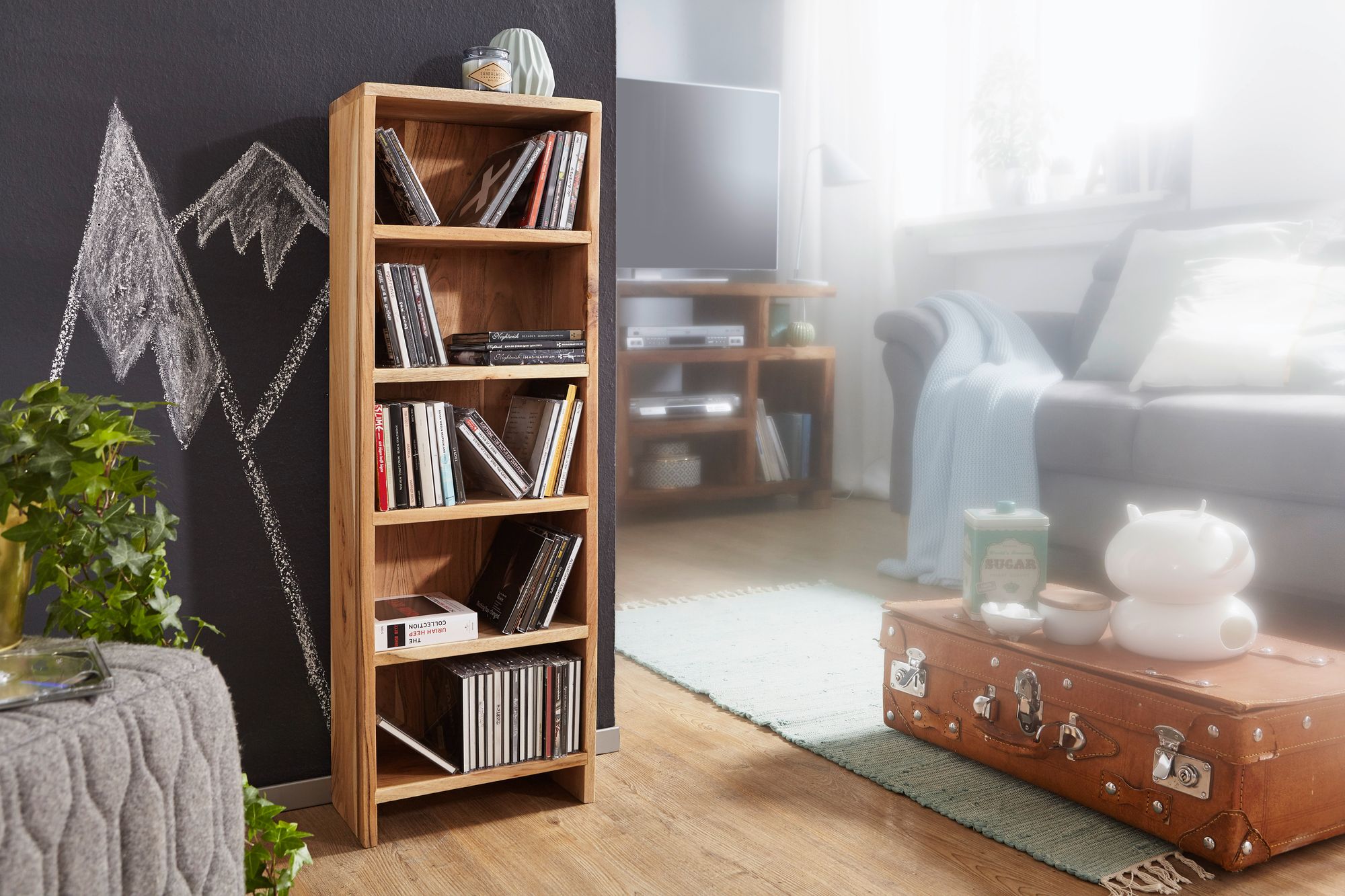 FineBuy CD Regal Massivholz Standregal 90 cm hoch CD-Aufbewahrung 5 Fächer Bücherregal Natur Landhaus-Stil | Farbe: Gelb