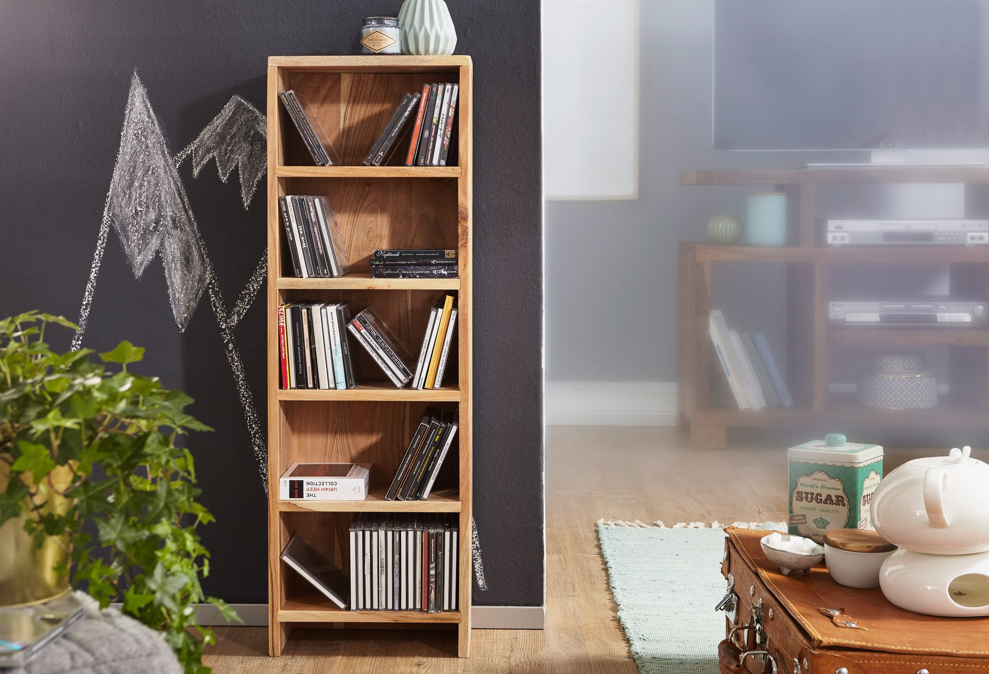FineBuy CD Regal Massivholz Standregal 90 cm hoch CD-Aufbewahrung 5 Fächer Bücherregal Natur Landhaus-Stil | Farbe: Gelb