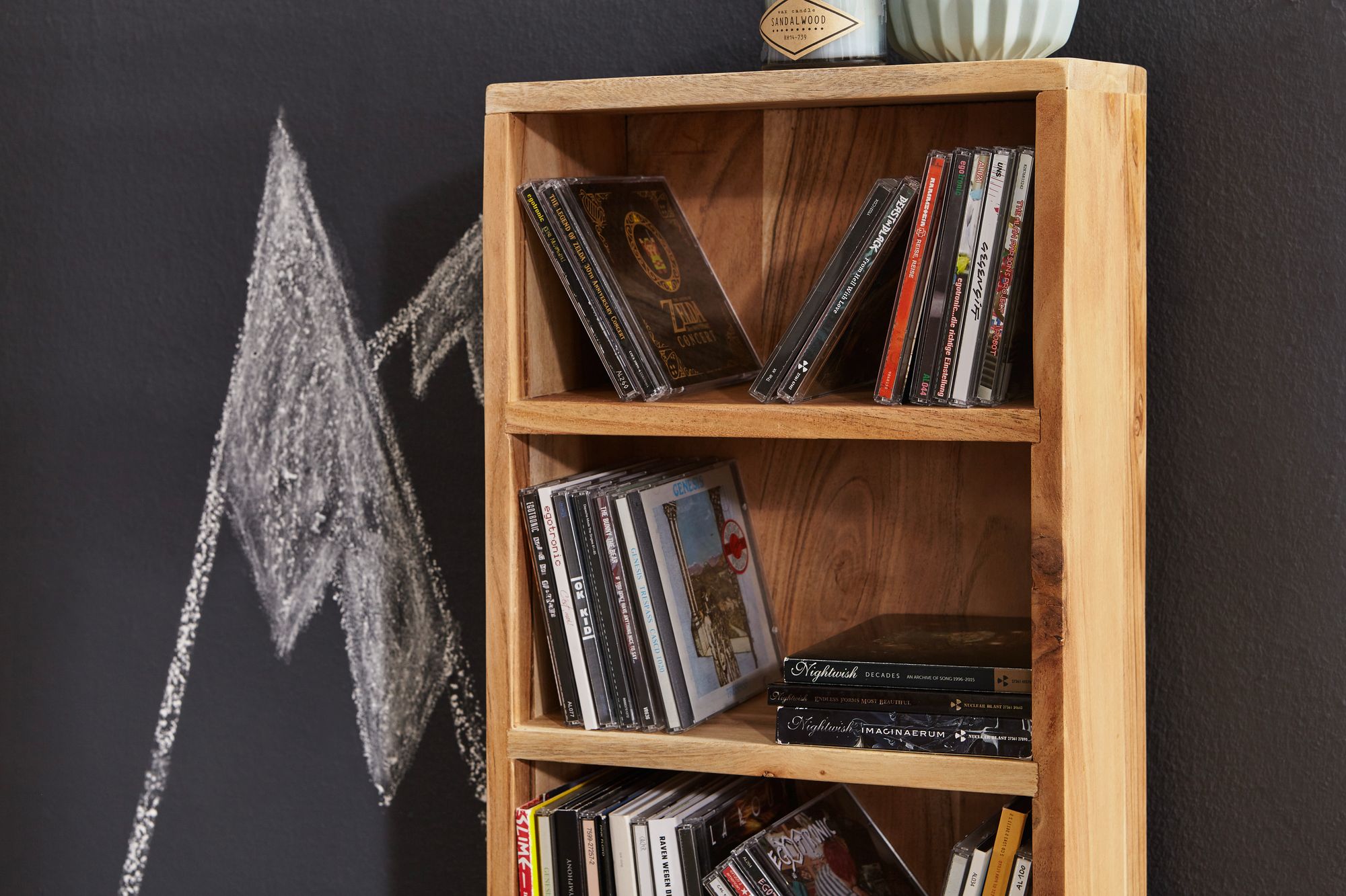 FineBuy CD Regal Massivholz Standregal 90 cm hoch CD-Aufbewahrung 5 Fächer Bücherregal Natur Landhaus-Stil | Farbe: Gelb