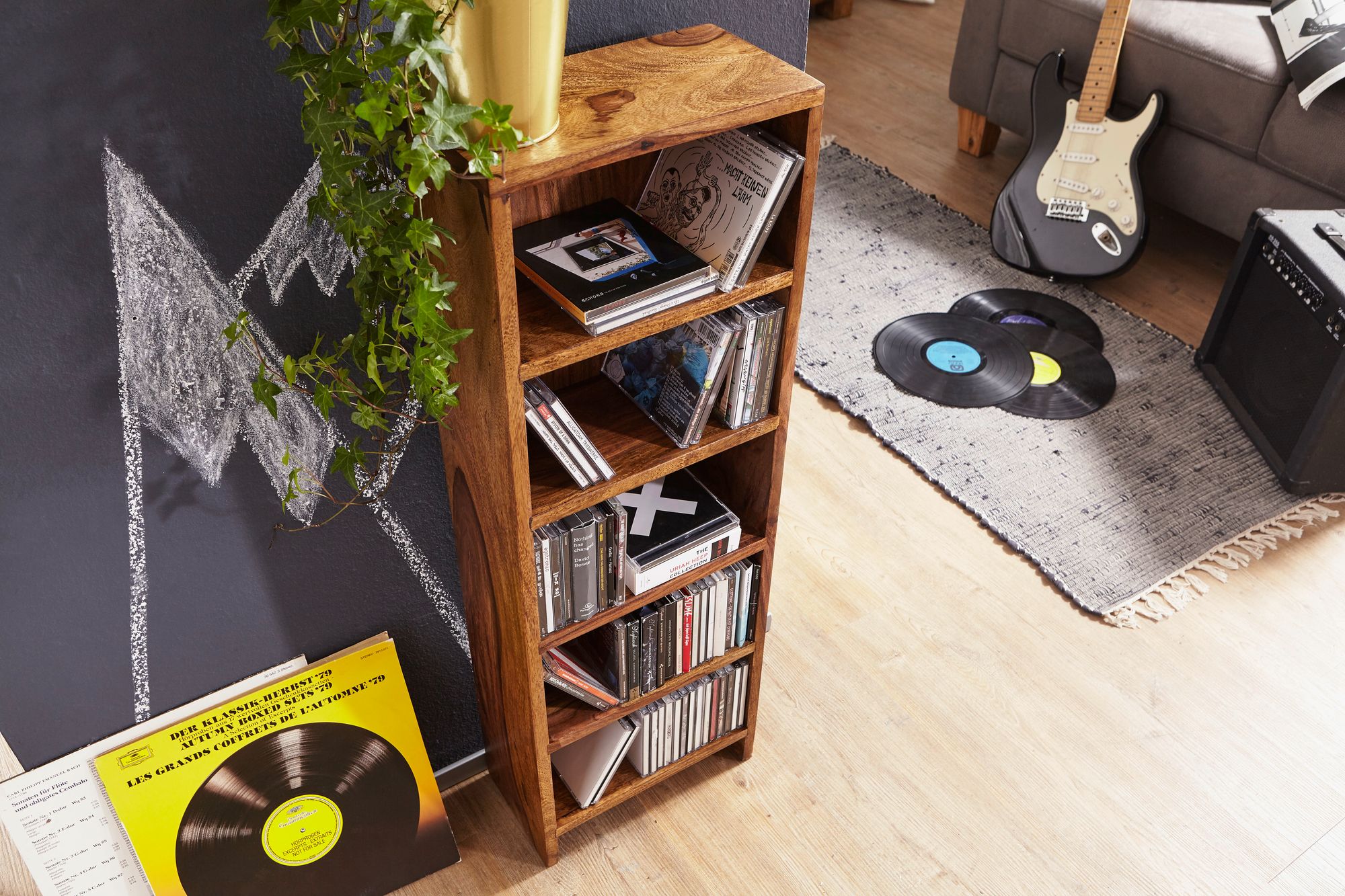 FineBuy CD Regal Massivholz Standregal 90 cm hoch CD-Aufbewahrung 5 Fächer Bücherregal Natur Landhaus-Stil | Farbe: Gelb