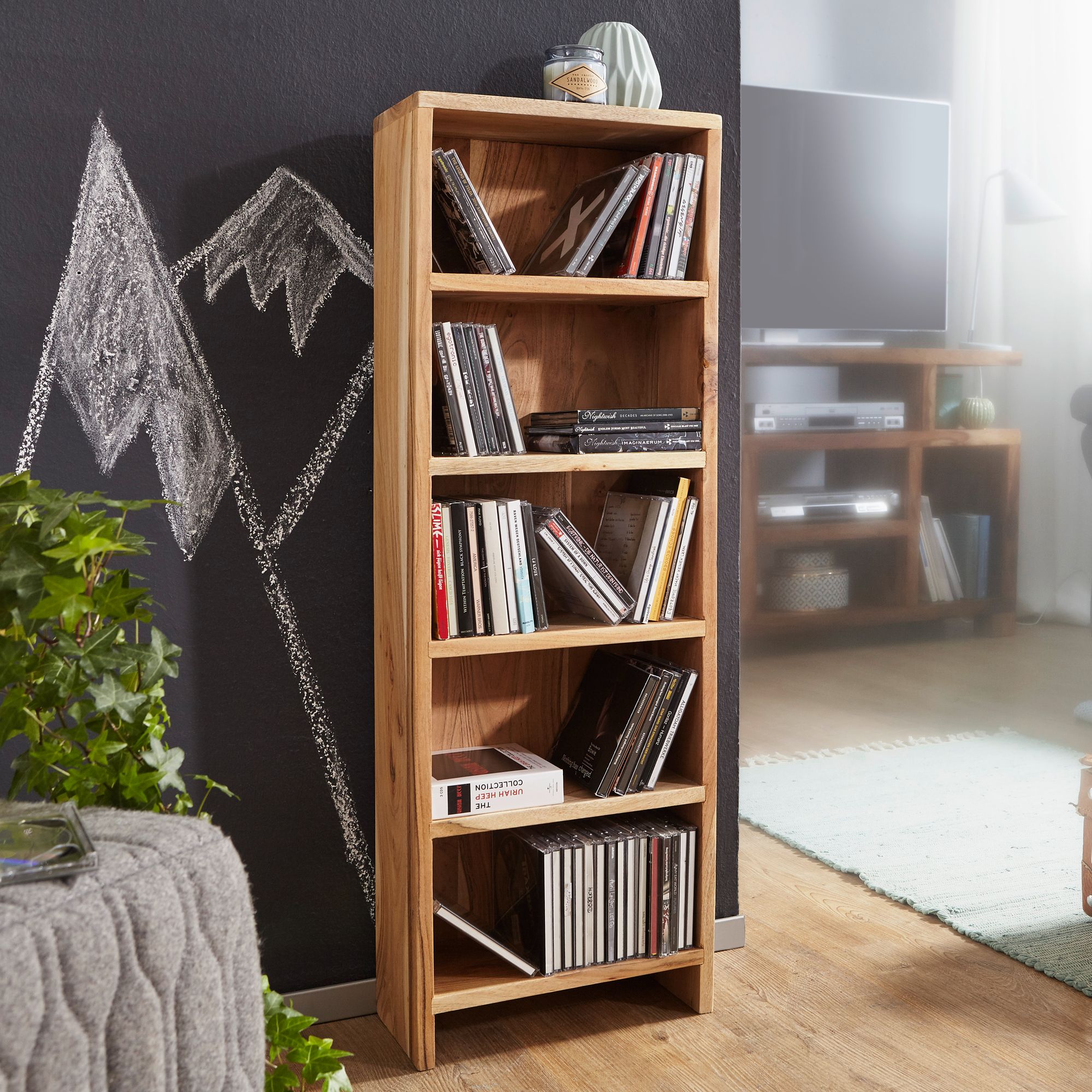 FineBuy CD Regal Massivholz Standregal 90 cm hoch CD-Aufbewahrung 5 Fächer Bücherregal Natur Landhaus-Stil | Farbe: Gelb
