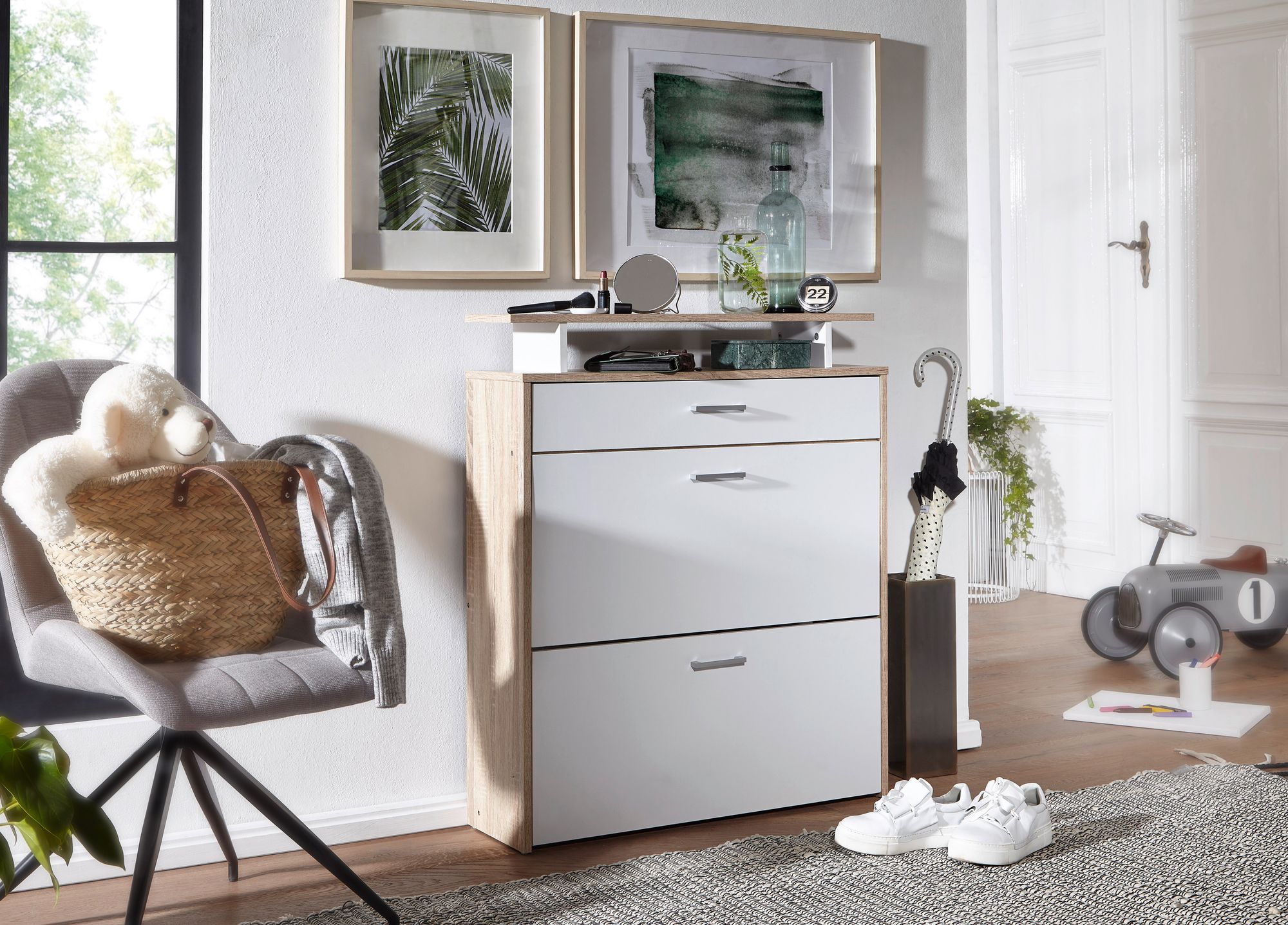 FineBuy Schuhkipper Holz 80x95x24 cm Modern Sonoma Eiche, Design Schuhregal Schuhkipper Schmal, Schuhschrank Schuhaufbewahrung mit Schublade, Flurschrank Schuhablage Regal | Farbe: Grau FineBuy Schuhkipper Holz 80x95x24 cm Modern Sonoma Eiche, Design Schuhregal Schuhkipper Schmal, Schuhschrank Schuhaufbewahrung mit Schublade, Flurschrank Schuhablage Regal | Farbe: Grau