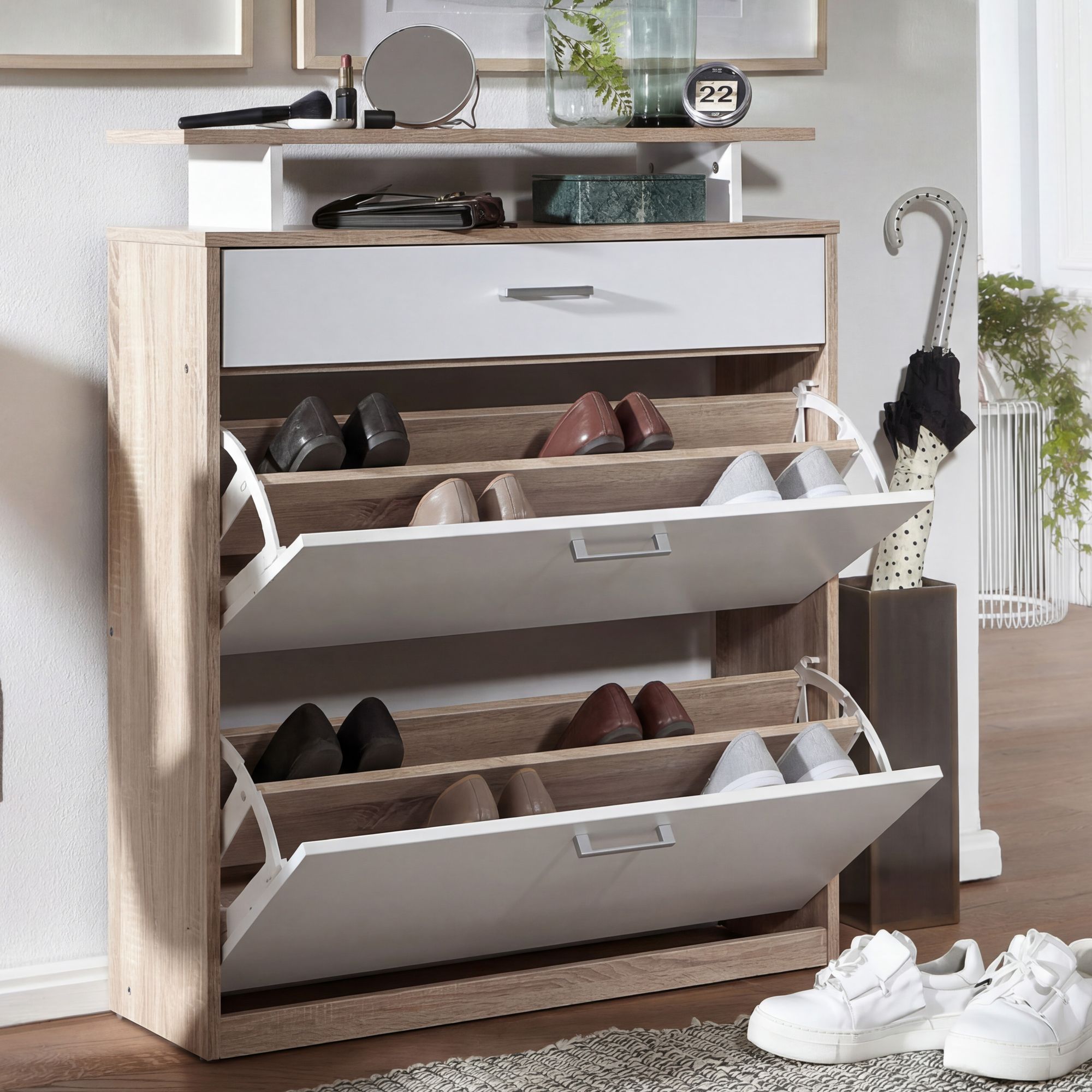 FineBuy Schuhkipper Schuhschrank Schuhregal 16 Paar Schuhe + Ablage + Schublade – Ansicht 1
