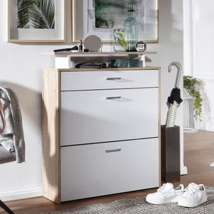 FineBuy Schuhkipper Holz 80x95x24 cm Modern Sonoma Eiche, Design Schuhregal Schuhkipper Schmal, Schuhschrank Schuhaufbewahrung mit Schublade, Flurschrank Schuhablage Regal