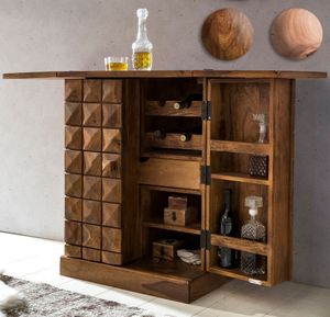 FineBuy Hausbar LUCCA Massivholz 65x91x50 cm Weinbar ausklappbar, Kleine Bar modern, Barschrank mit Türen, Spirituosenschrank mit Aufbewahrung für Flaschen und Gläser 6069