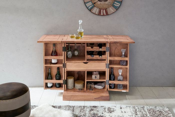 FineBuy Hausbar Massivholz Weinbar Weinschrank Kleiner Barschrank Alkoholschrank – Maßzeichnung