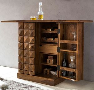 FineBuy Hausbar Massivholz 65x91x50 cm Weinbar ausklappbar, Kleine Bar modern, Barschrank mit Türen, Spirituosenschrank mit Aufbewahrung für Flaschen und Gläser