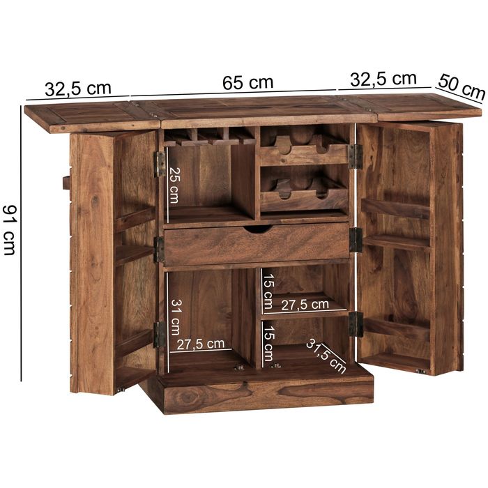 FineBuy Hausbar Massivholz Weinbar Weinschrank Kleiner Barschrank Alkoholschrank – Maßzeichnung