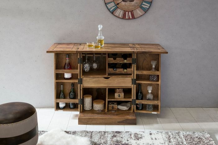 FineBuy Hausbar Massivholz Weinbar Weinschrank Kleiner Barschrank Alkoholschrank – Maßzeichnung