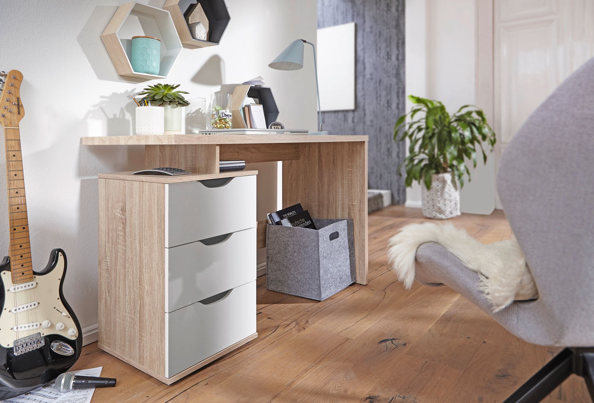 FineBuy Schreibtisch MASSA 120 x 76 x 53 cm mit 3 Schubladen in Sonoma Weiß, Computertisch modern für Jugendliche, Laptoptisch platzsparend mit Ablage | Farbe: Grau