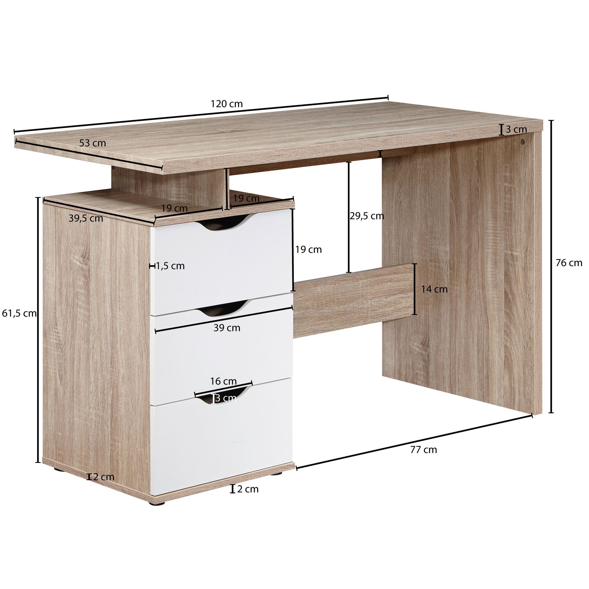 FineBuy Schreibtisch MASSA 120 x 76 x 53 cm mit 3 Schubladen in Sonoma Weiß, Computertisch modern für Jugendliche, Laptoptisch platzsparend mit Ablage | Farbe: Grau