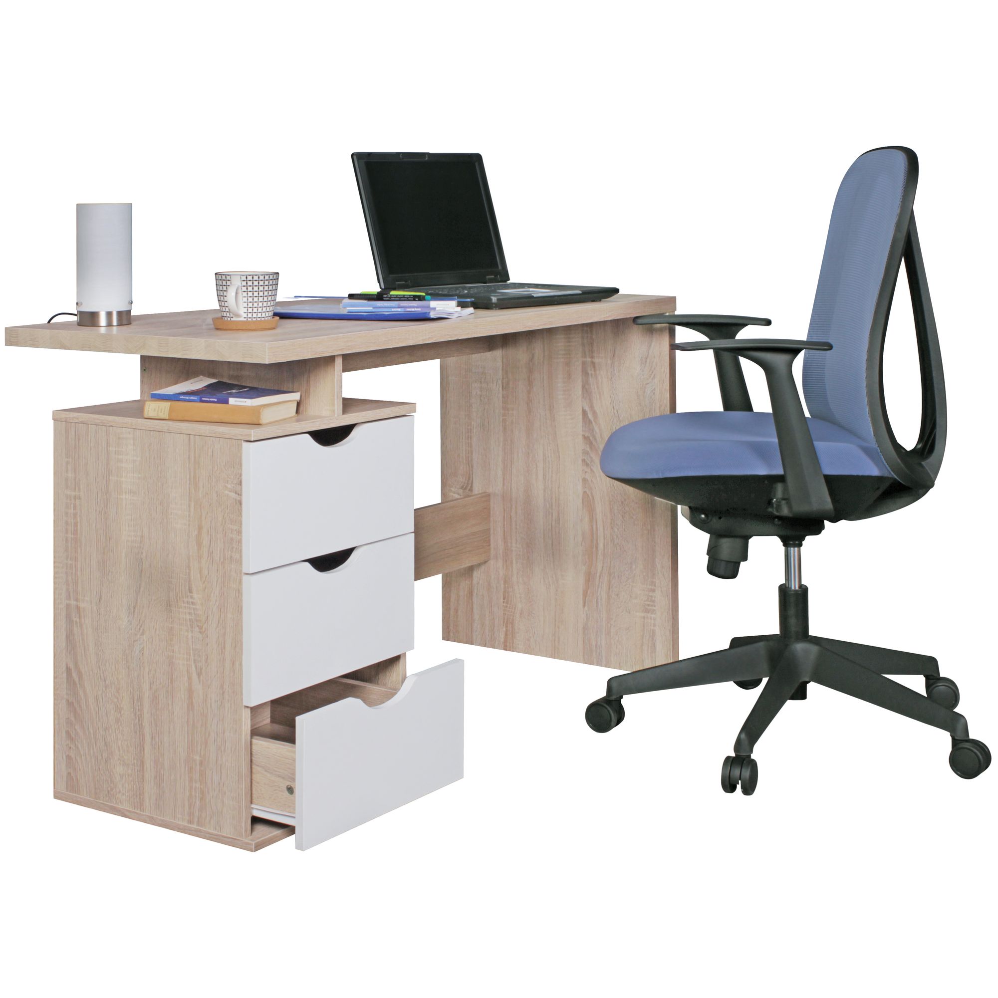 FineBuy Schreibtisch MASSA 120 x 76 x 53 cm mit 3 Schubladen in Sonoma Weiß, Computertisch modern für Jugendliche, Laptoptisch platzsparend mit Ablage | Farbe: Grau