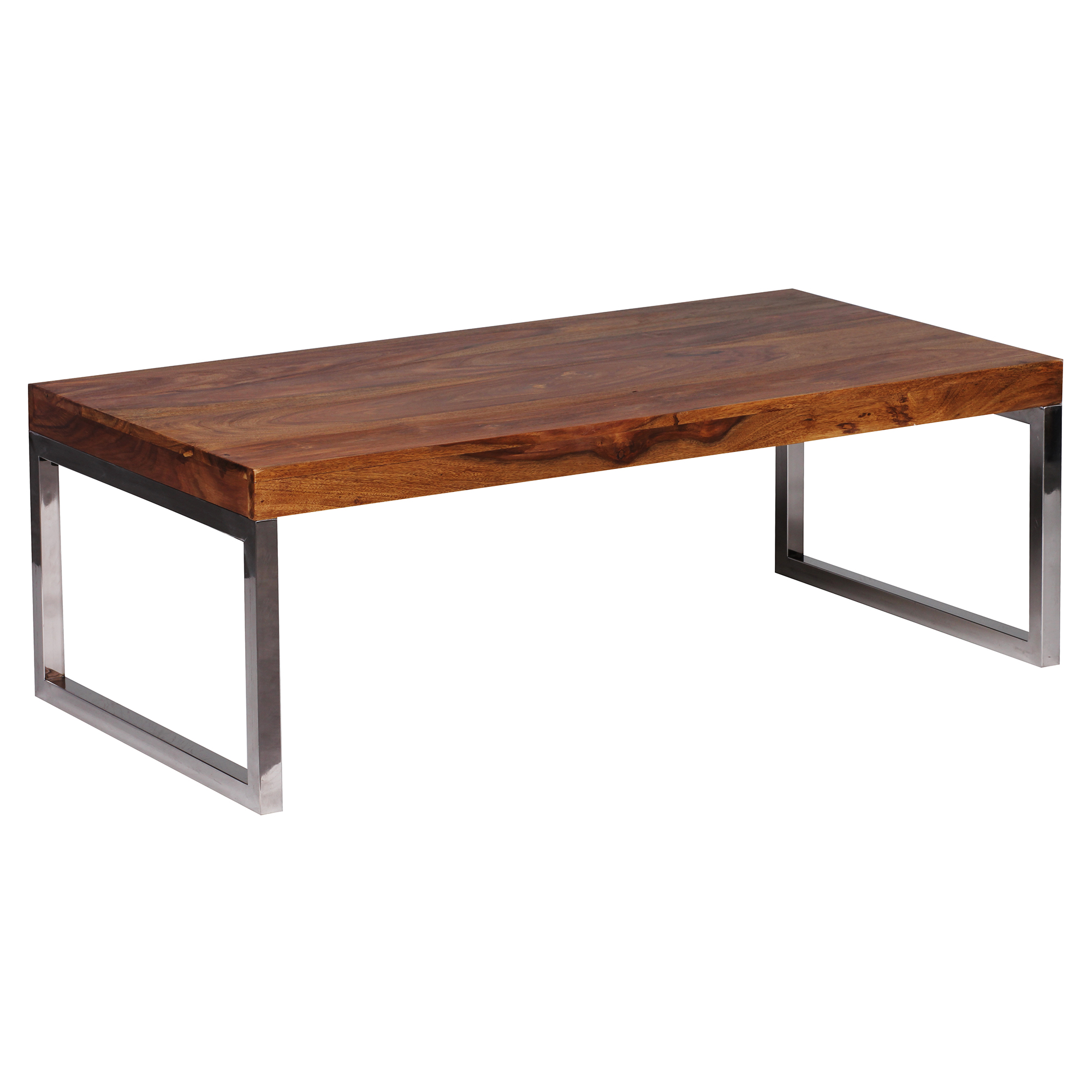 FineBuy Couchtisch Massivholz 120cm · Rechteckiger Wohnzimmertisch mit verchromtem Kufengestell · Handgefertigter Sofatisch im modernen Industrial Design | Farbe: Braun