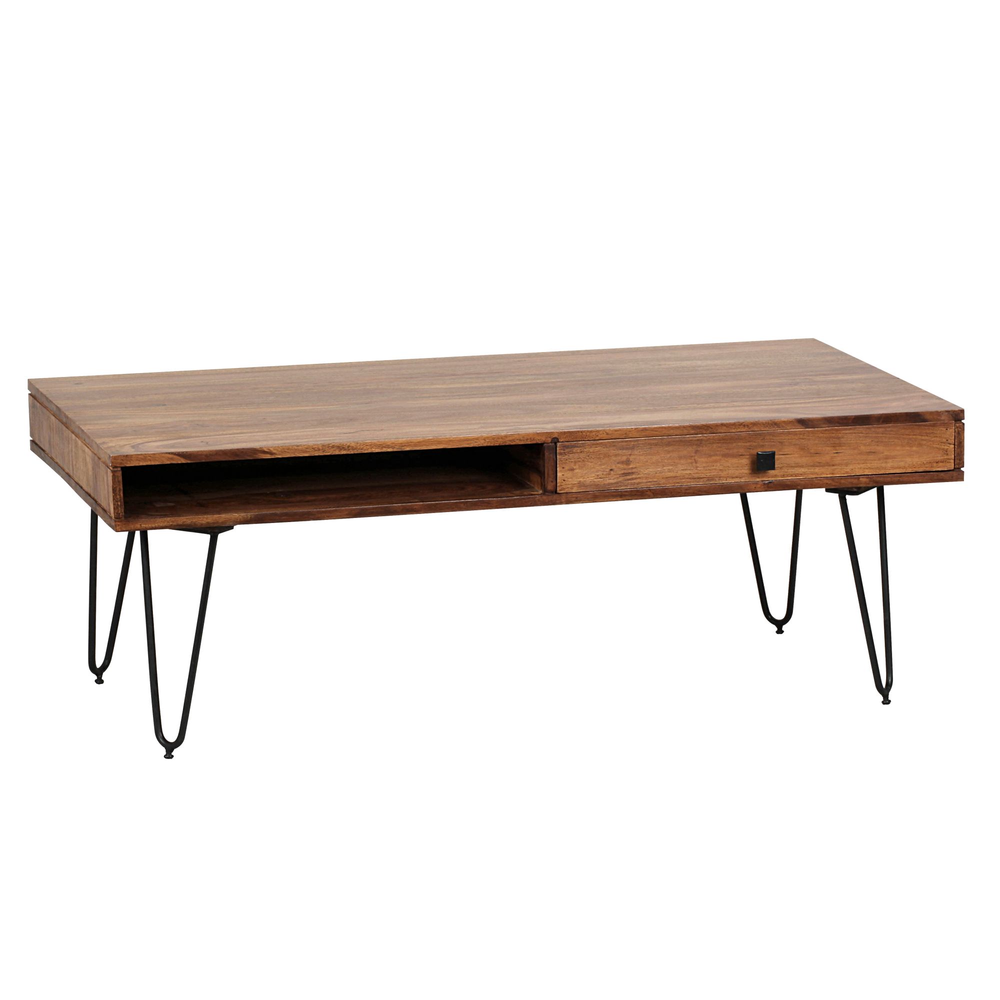 FineBuy Couchtisch Massivholz 110 cm · Industrial Wohnzimmertisch rechteckig mit Hairpin Beinen, 2 Schubladen & Ablagefächern · Handgefertigt | Farbe: Braun