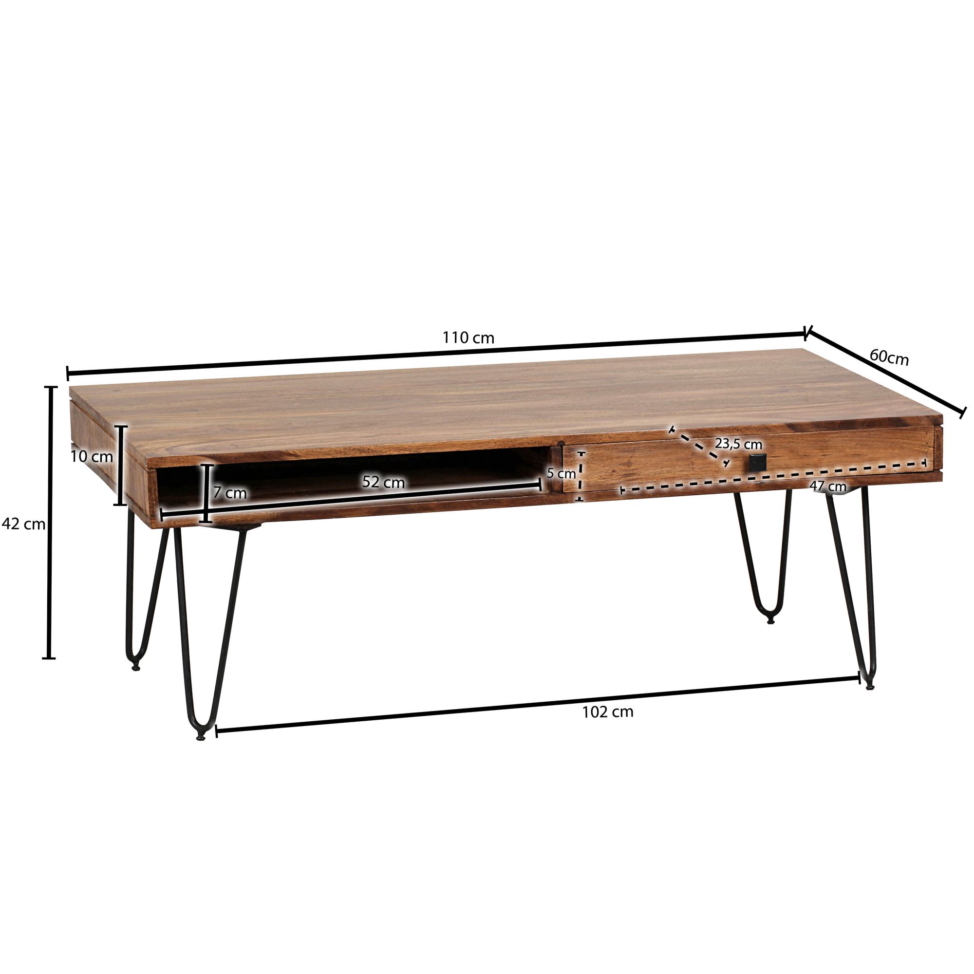 FineBuy Couchtisch Massivholz 110 cm · Industrial Wohnzimmertisch rechteckig mit Hairpin Beinen, 2 Schubladen & Ablagefächern · Handgefertigt | Farbe: Braun