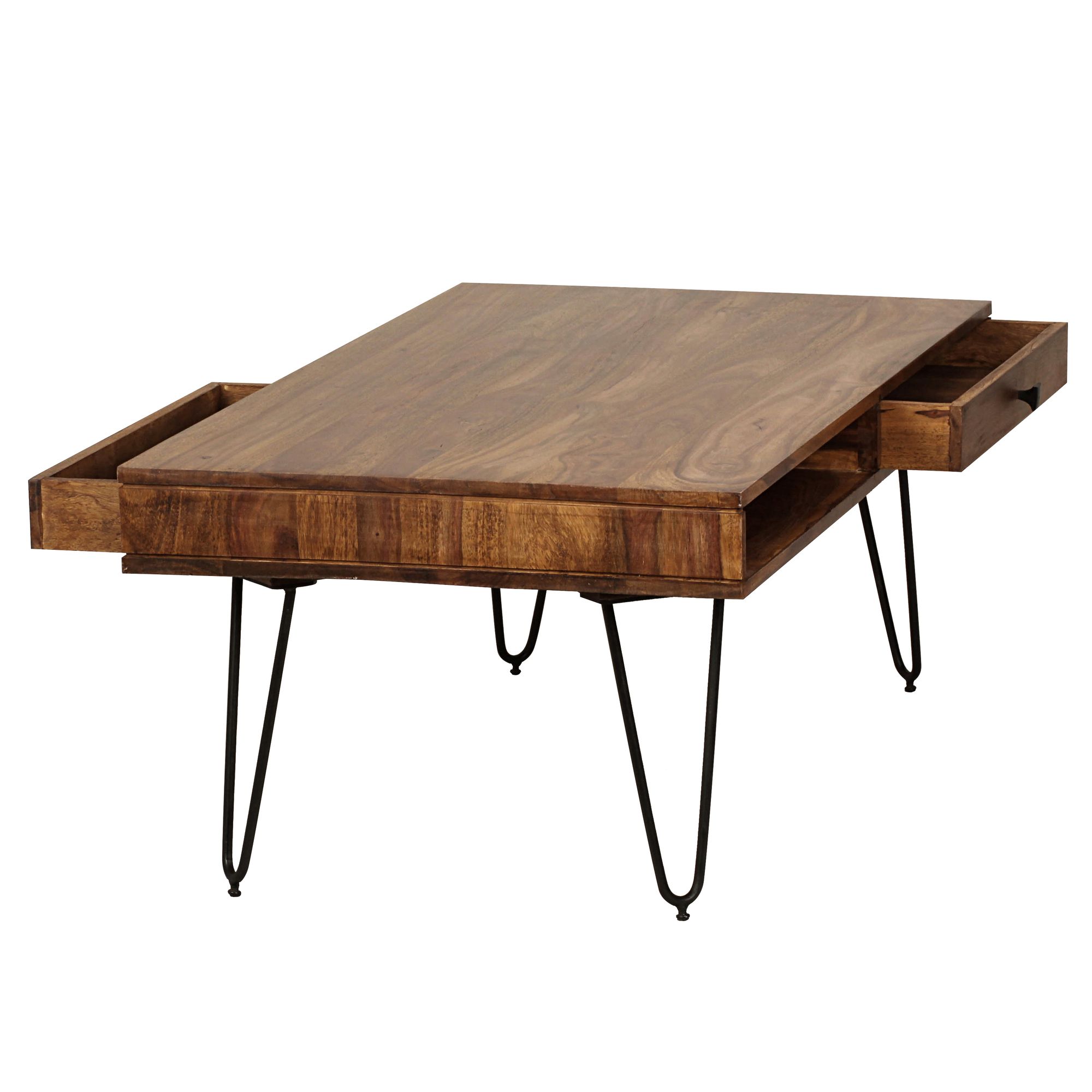 FineBuy Couchtisch Massivholz 110 cm · Industrial Wohnzimmertisch rechteckig mit Hairpin Beinen, 2 Schubladen & Ablagefächern · Handgefertigt | Farbe: Braun
