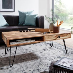 FineBuy Couchtisch HARLEM Massiv-Holz 110 cm breit Wohnzimmer-Tisch Design Metallbeine Landhaus-Stil Beistelltisch 6204