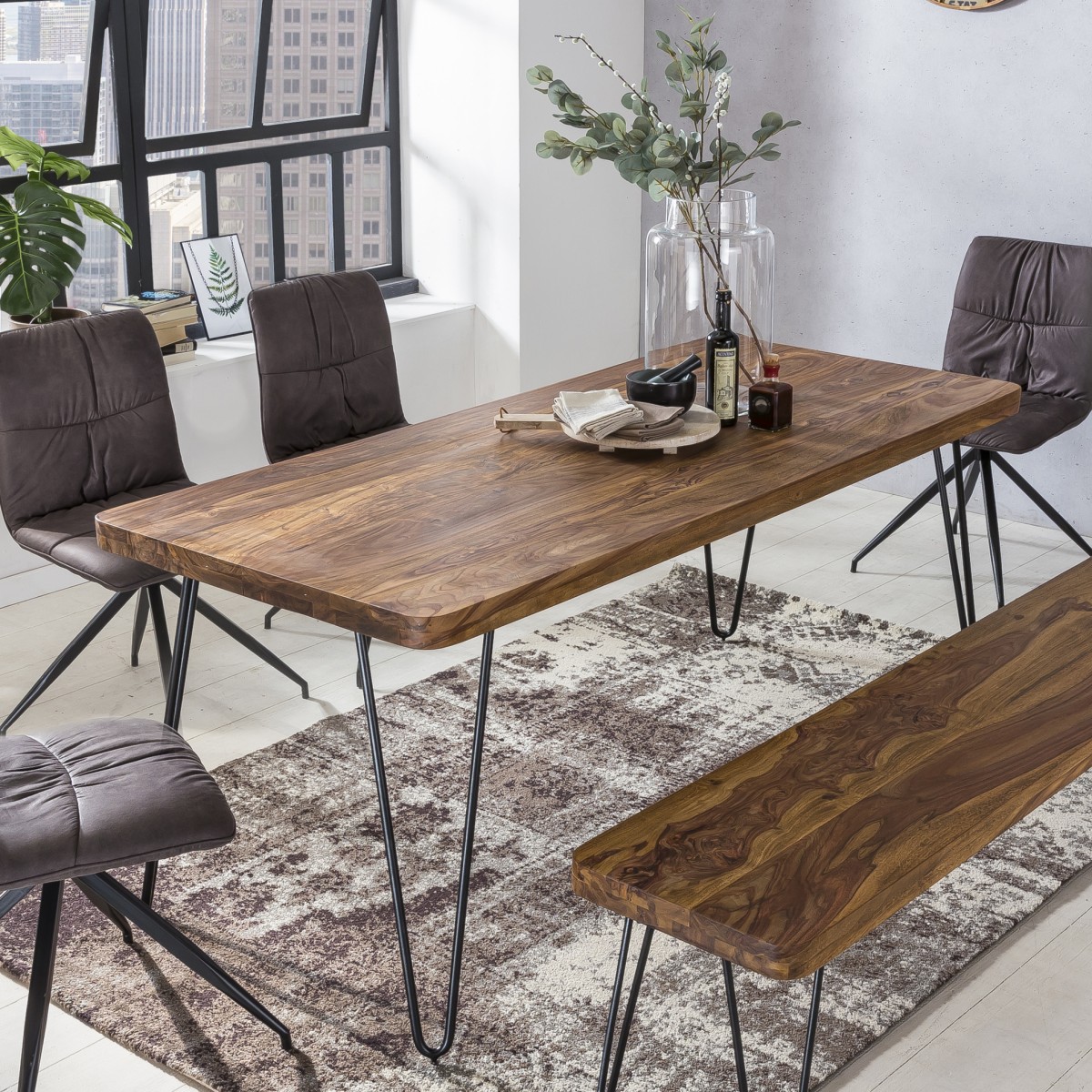 FineBuy Massiver Esstisch HARLEM Sheesham Massiv Holz, Esszimmertisch Massivholz mit Design Metall Beinen, Holztisch Tisch Esszimmer, Küchentisch | Farbe: Braun