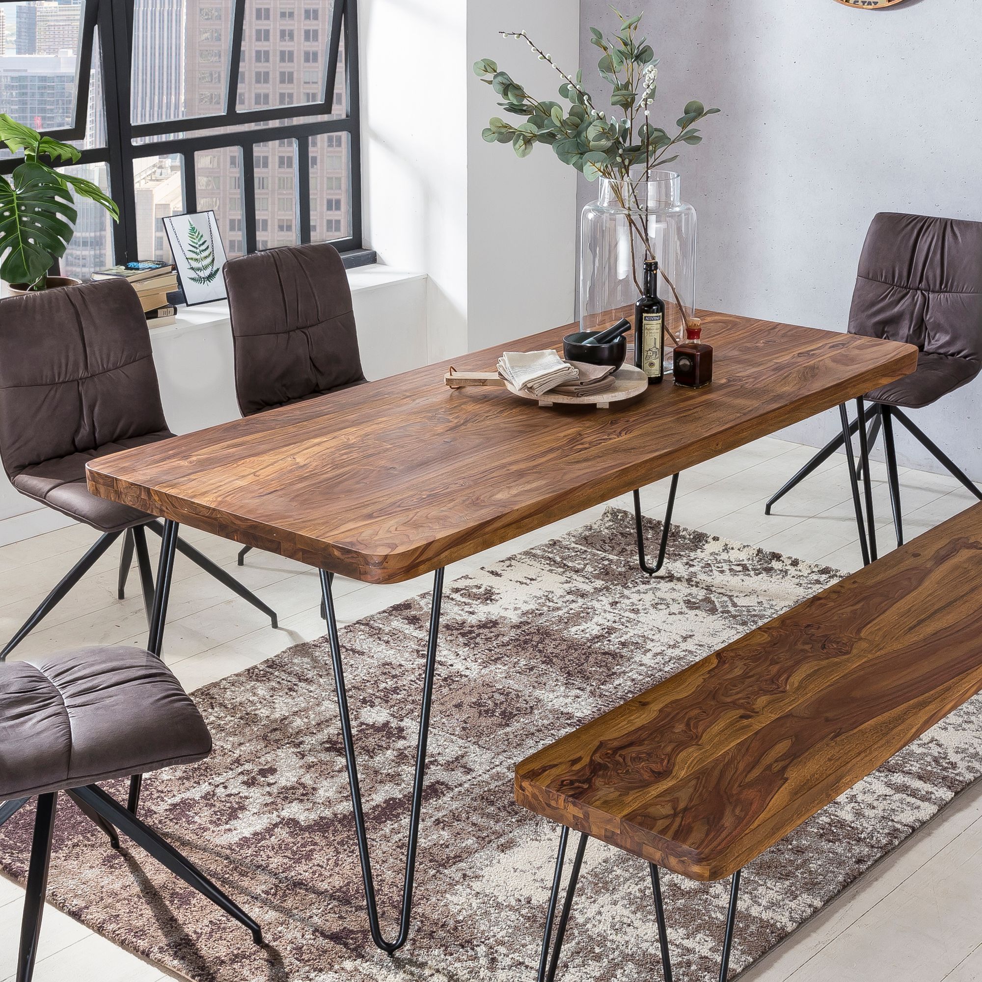 FineBuy Massiver Esstisch HARLEM Sheesham Massiv Holz, Esszimmertisch Massivholz mit Design Metall Beinen, Holztisch Tisch Esszimmer, Küchentisch | Farbe: Braun