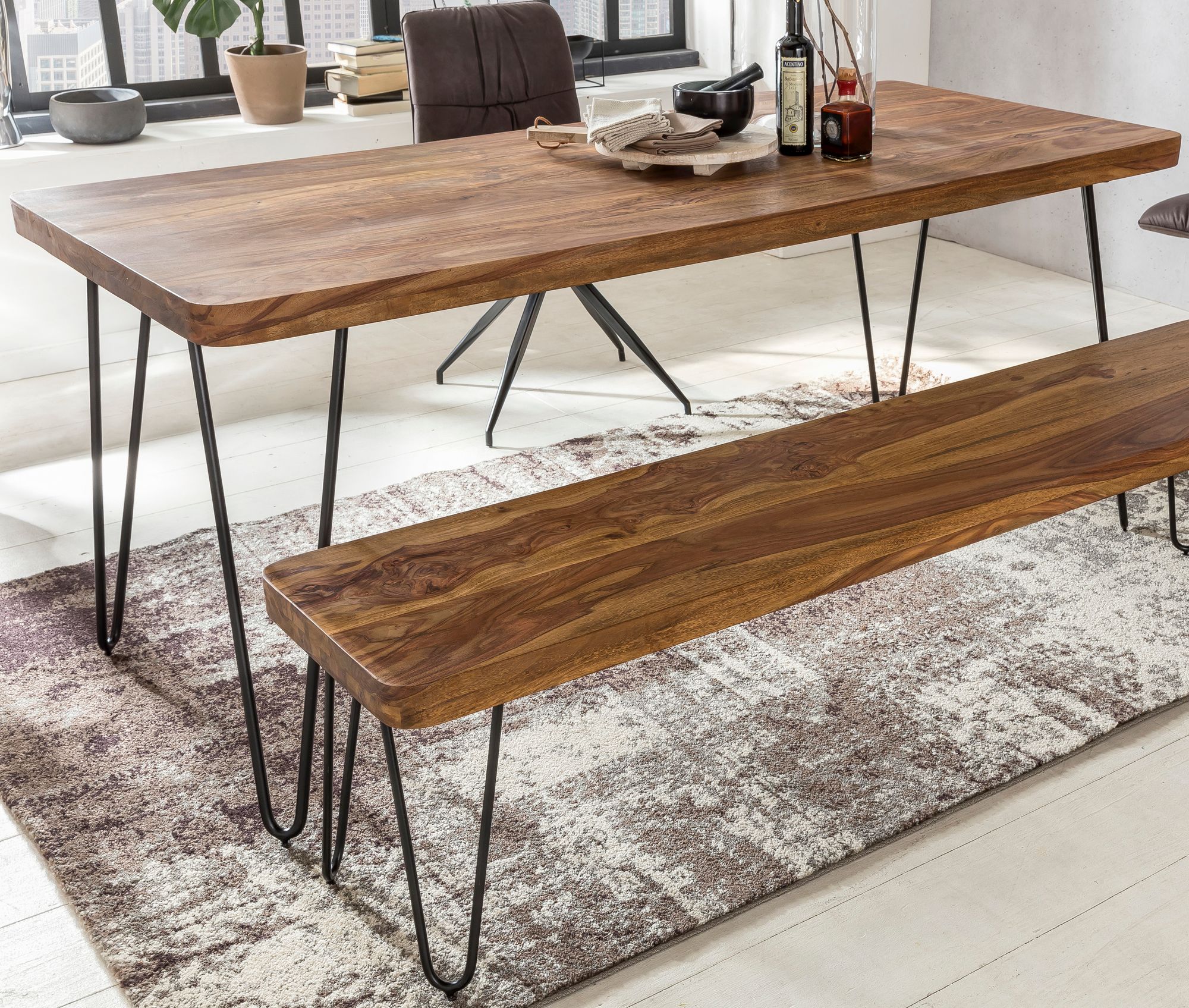 FineBuy Massiver Esstisch HARLEM Sheesham Massiv Holz, Esszimmertisch Massivholz mit Design Metall Beinen, Holztisch Tisch Esszimmer, Küchentisch | Farbe: Braun
